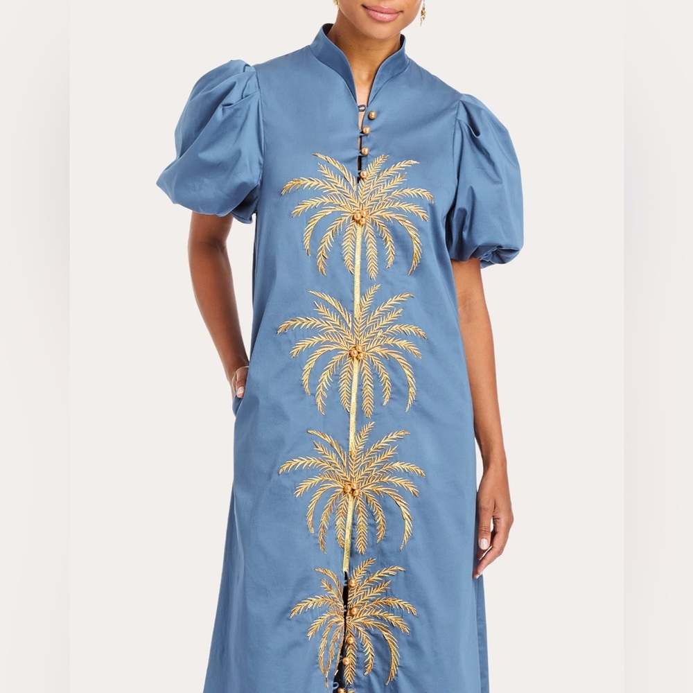 MESTIZA Elliana Gold Palm Embroidered Cotton Poplin Midi Dress in Blue Sz M $475 - Picture 4 of 16